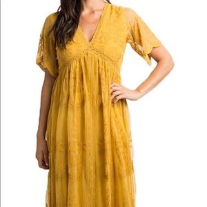 V Neck Gold Lace Maxi Dress